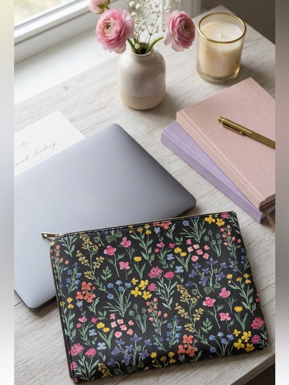 Floral Zip Pouch - Black with Multicolor Wildflowers